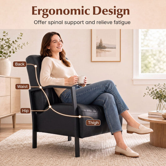 PU Leather Upholstered Armchair with Padded Seat and Back Comfy Lounge Reading Chair-Black W2B