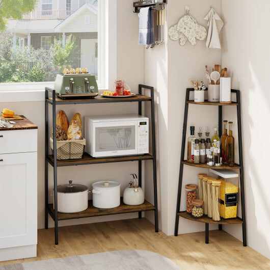 3-Tier Ladder Shelf and Corner Shelf Set with Metal Frame-Rusticbrown W2B