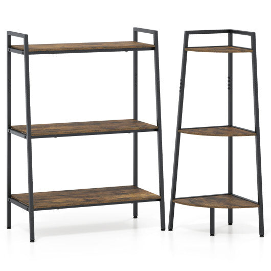 3-Tier Ladder Shelf and Corner Shelf Set with Metal Frame-Rusticbrown W2B