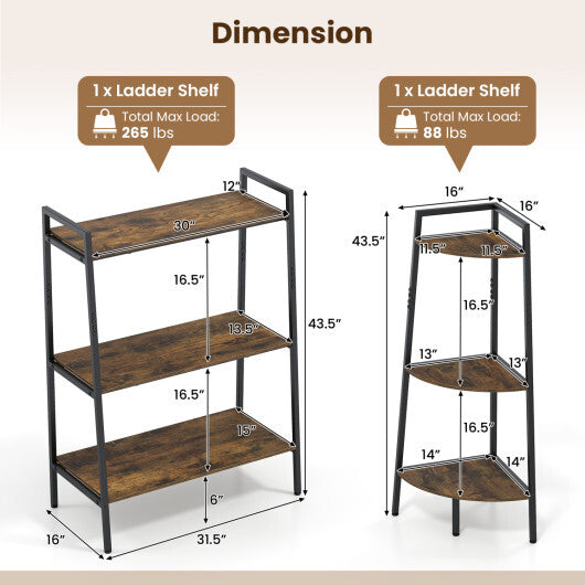 3-Tier Ladder Shelf and Corner Shelf Set with Metal Frame-Rusticbrown W2B