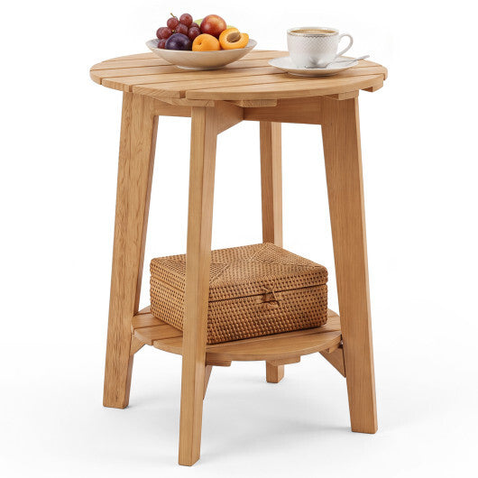 2-Tier Eucalyptus Wood Side Table with Slatted Tabletop and Storage Shelf for Outdoor-Natural W2B