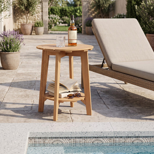 2-Tier Eucalyptus Wood Side Table with Slatted Tabletop and Storage Shelf for Outdoor-Natural W2B