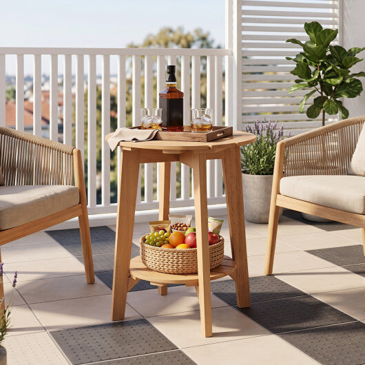 2-Tier Eucalyptus Wood Side Table with Slatted Tabletop and Storage Shelf for Outdoor-Natural W2B