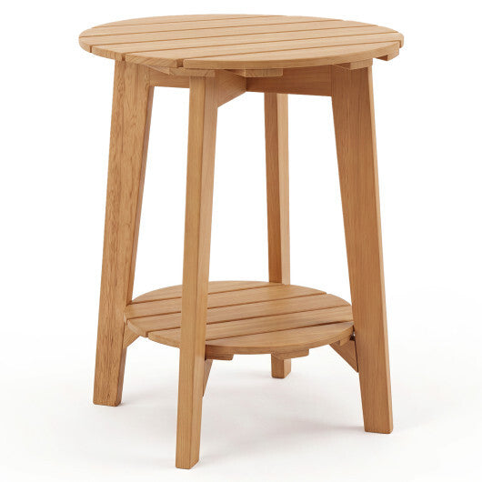 2-Tier Eucalyptus Wood Side Table with Slatted Tabletop and Storage Shelf for Outdoor-Natural W2B