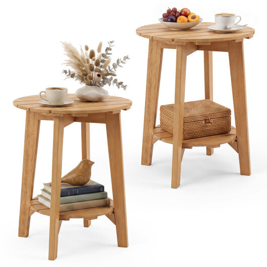 Set of 2 Eucalyptus Wood Side Table 2-Tier with Slatted Tabletop and Storage Shelf for Outdoor-Natural W2B