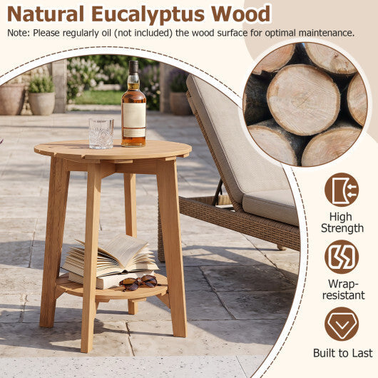 Set of 2 Eucalyptus Wood Side Table 2-Tier with Slatted Tabletop and Storage Shelf for Outdoor-Natural W2B