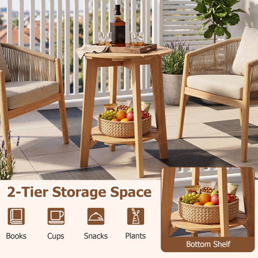 Set of 2 Eucalyptus Wood Side Table 2-Tier with Slatted Tabletop and Storage Shelf for Outdoor-Natural W2B