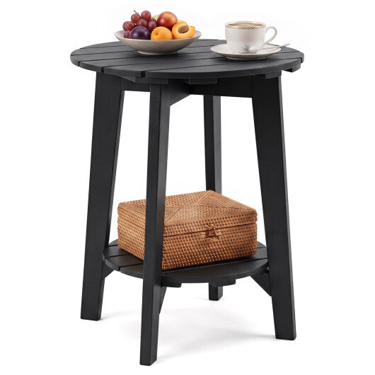 2-Tier Outdoor Eucalyptus Wood Side Table with Slatted Tabletop and Storage Shelf for Backyard-Black W2B