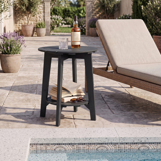 2-Tier Outdoor Eucalyptus Wood Side Table with Slatted Tabletop and Storage Shelf for Backyard-Black W2B