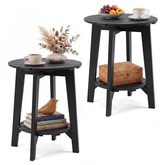 Set of 2 2-Tier Outdoor Eucalyptus Wood Side Table with Slatted Tabletop and Storage Shelf for Backyard-Black W2B