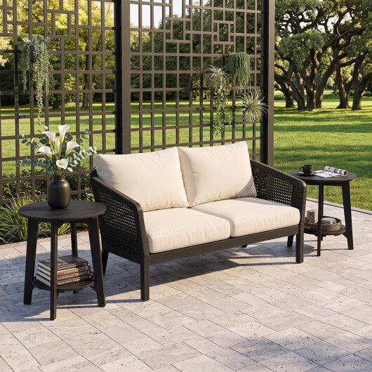 Set of 2 2-Tier Outdoor Eucalyptus Wood Side Table with Slatted Tabletop and Storage Shelf for Backyard-Black W2B
