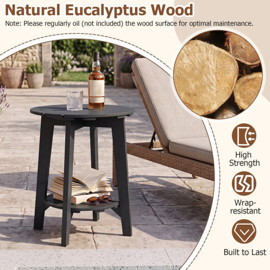 Set of 2 2-Tier Outdoor Eucalyptus Wood Side Table with Slatted Tabletop and Storage Shelf for Backyard-Black W2B