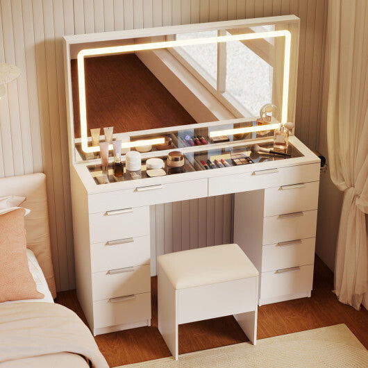 Vanity Desk with Mirror & Lights and Stool with Charging Station for Makeup-White W2B