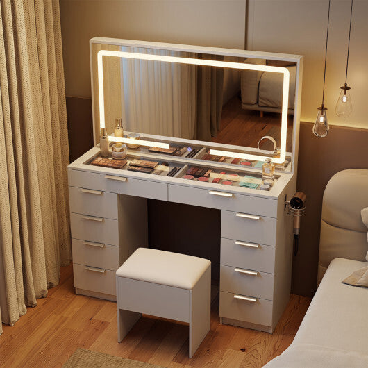 Vanity Desk with Mirror & Lights and Stool with Charging Station for Makeup-White W2B