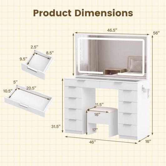 Vanity Desk with Mirror & Lights and Stool with Charging Station for Makeup-White W2B