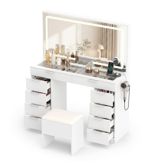 Vanity Desk with Mirror & Lights and Stool with Charging Station for Makeup-White W2B