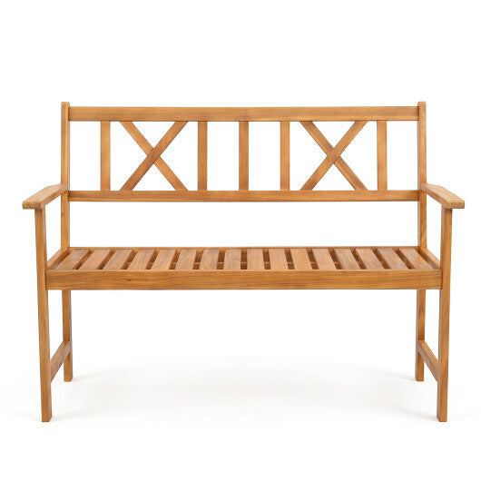 2-Person Patio Acacia Wood Garden Chair with Armrests and X-Shaped Backrest for Garden W2B