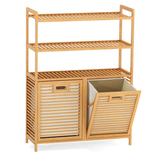 Double Tilt Out Laundry Hamper with 3 Shelves and 2 Removable Baskets for Dirty Clothes-Natural W2B