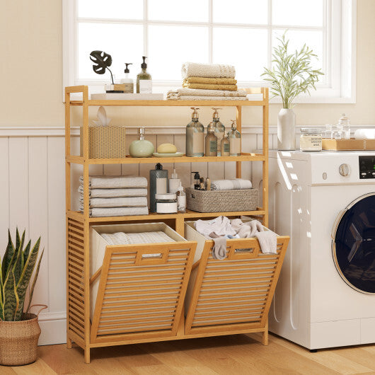 Double Tilt Out Laundry Hamper with 3 Shelves and 2 Removable Baskets for Dirty Clothes-Natural W2B