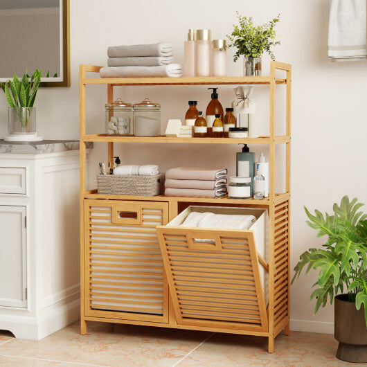 Double Tilt Out Laundry Hamper with 3 Shelves and 2 Removable Baskets for Dirty Clothes-Natural W2B