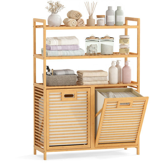 Double Tilt Out Laundry Hamper with 3 Shelves and 2 Removable Baskets for Dirty Clothes-Natural W2B