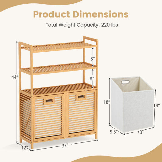Double Tilt Out Laundry Hamper with 3 Shelves and 2 Removable Baskets for Dirty Clothes-Natural W2B