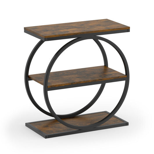 Industrial Faux Marble Side Table with Metal Frame for Living Room Bedroom-Rustic Brown W2B