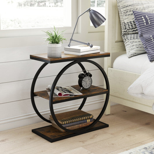 Industrial Faux Marble Side Table with Metal Frame for Living Room Bedroom-Rustic Brown W2B
