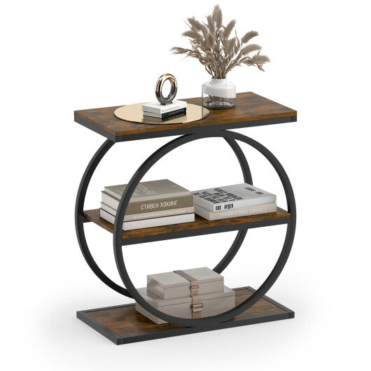 Industrial Faux Marble Side Table with Metal Frame for Living Room Bedroom-Rustic Brown W2B