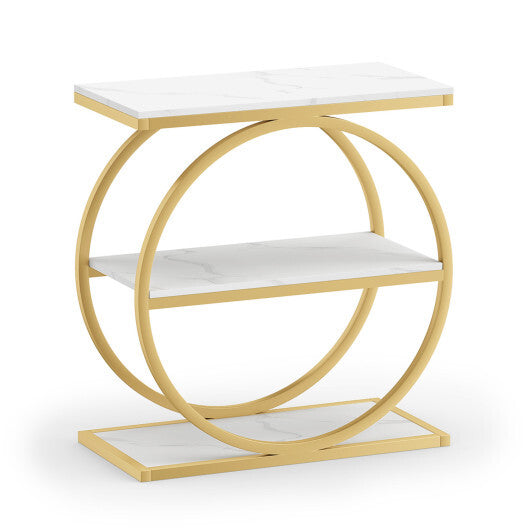 Industrial Faux Marble Side Table with Metal Frame for Living Room Bedroom-Rustic Brown W2B