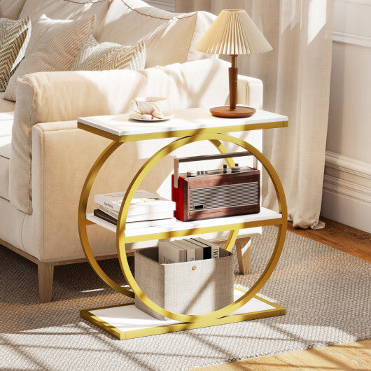 Industrial Faux Marble Side Table with Metal Frame for Living Room Bedroom-Rustic Brown W2B