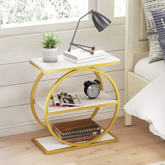 Industrial Faux Marble Side Table with Metal Frame for Living Room Bedroom-Rustic Brown W2B