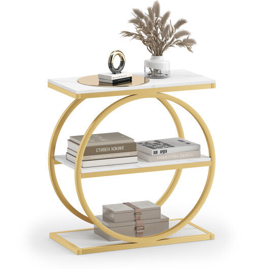 Industrial Faux Marble Side Table with Metal Frame for Living Room Bedroom-Rustic Brown W2B