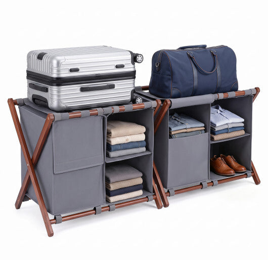 27" Bamboo Luggage Rack Set of 2 with 5 Nylon Straps and Compartments for Hotel-Walnut & Gray W2B