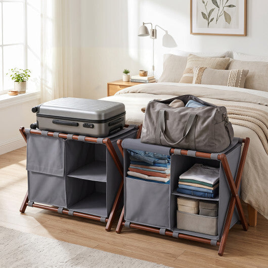 27" Bamboo Luggage Rack Set of 2 with 5 Nylon Straps and Compartments for Hotel-Walnut & Gray W2B