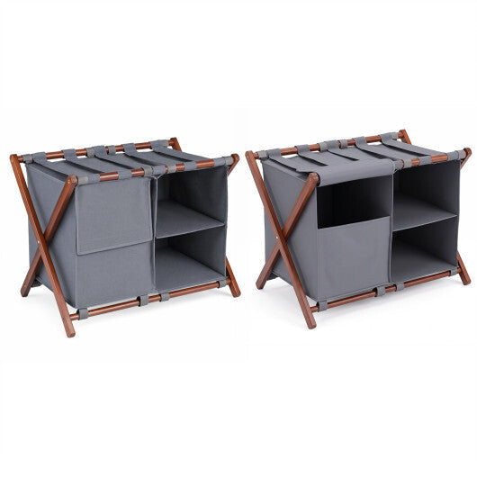 27" Bamboo Luggage Rack Set of 2 with 5 Nylon Straps and Compartments for Hotel-Walnut & Gray W2B