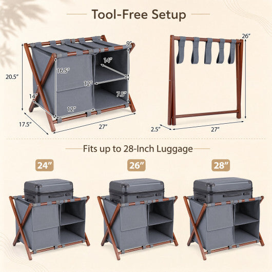 27" Bamboo Luggage Rack Set of 2 with 5 Nylon Straps and Compartments for Hotel-Walnut & Gray W2B