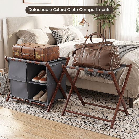 27" Bamboo Luggage Rack Set of 2 with 5 Nylon Straps and Compartments for Hotel-Walnut & Gray W2B