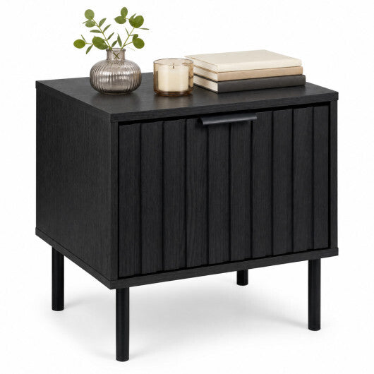 Black Modern Nightstand with Vertical-Striped Storage Drawer-Black W2B