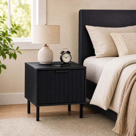 Black Modern Nightstand with Vertical-Striped Storage Drawer-Black W2B