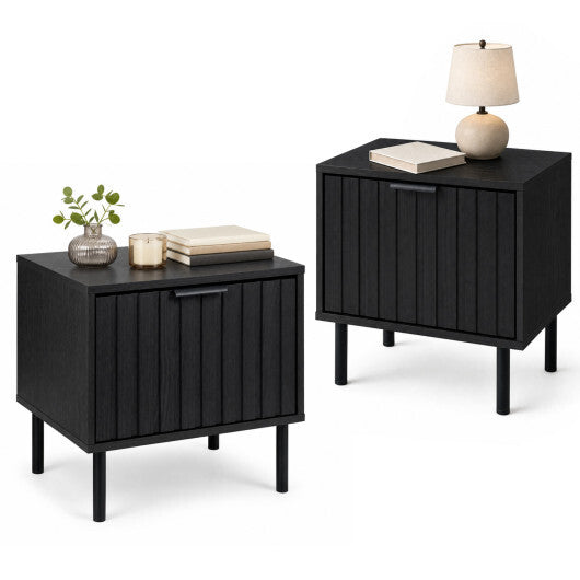 Set of 2 Black Modern Nightstand with Vertical-Striped Storage Drawer-Black W2B