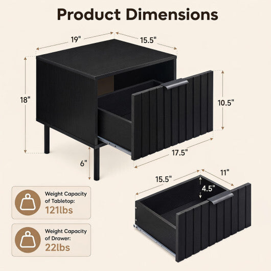Set of 2 Black Modern Nightstand with Vertical-Striped Storage Drawer-Black W2B