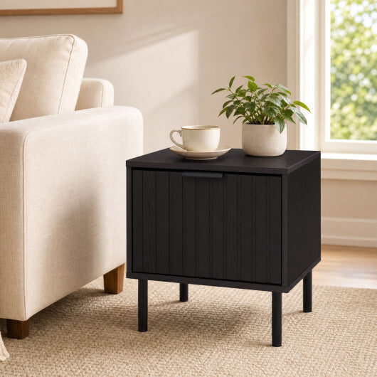 Set of 2 Black Modern Nightstand with Vertical-Striped Storage Drawer-Black W2B