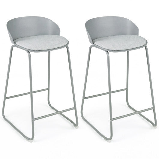 Set of 2 Counter Height Bar Stools with Curved Backrest and Metal Frame for Kitchen Dining-Gray W2B