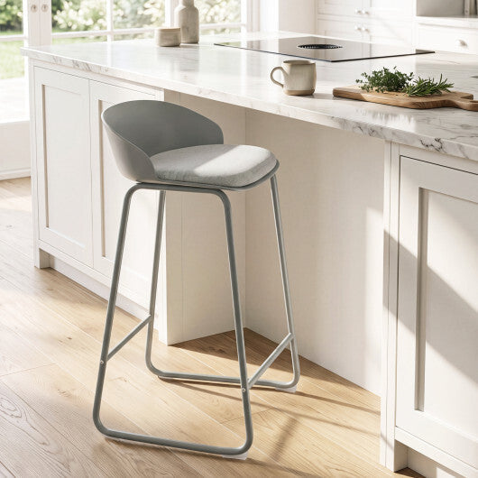 Set of 2 Counter Height Bar Stools with Curved Backrest and Metal Frame for Kitchen Dining-Gray W2B