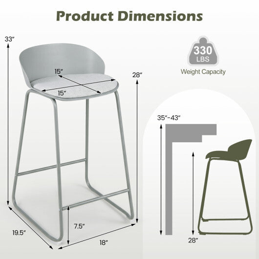 Set of 2 Counter Height Bar Stools with Curved Backrest and Metal Frame for Kitchen Dining-Gray W2B