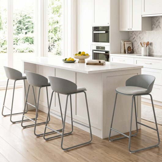 Set of 2 Counter Height Bar Stools with Curved Backrest and Metal Frame for Kitchen Dining-Gray W2B