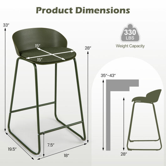 Set of 2 Counter Height Bar Stools with Curved Backrest and Metal Frame for Kitchen Dining-Gray W2B