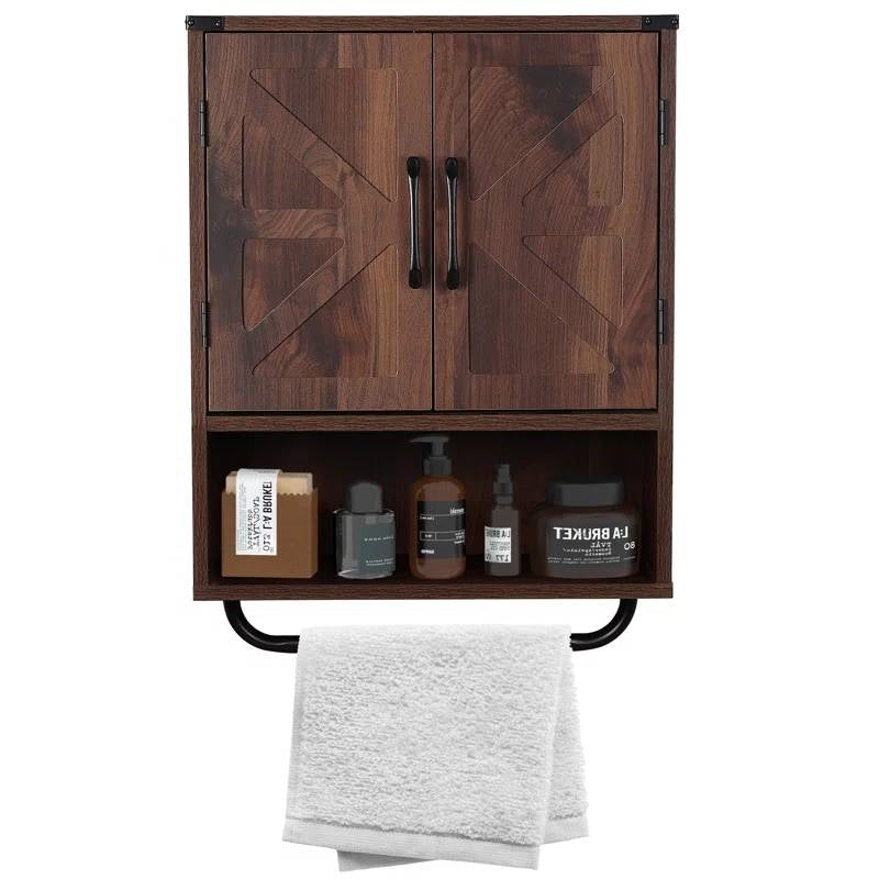 Farmhouse Bathroom Wall Cabinet with Towel Bar in Brown Wood Finish FastFurnishings