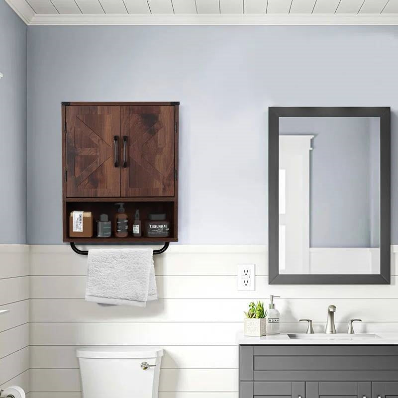 Farmhouse Bathroom Wall Cabinet with Towel Bar in Brown Wood Finish FastFurnishings